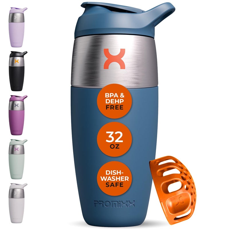 زجاجة خلط بروتين من الفولاذ المقاوم للصدأ سعة 32 أونصة، كوب خلط معدني مقاوم للتسرب مع محرك SnapFit لخلطات ناعمة وخالية من الكتل، خالية من BPA ومقاومة للرائحة وسهلة التنظيف